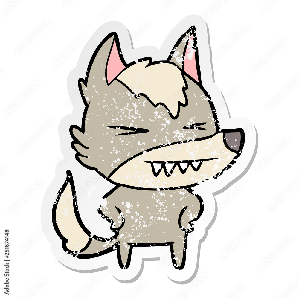 distressed sticker of a angry wolf cartoon distressed sticker of a angry wolf cartoon