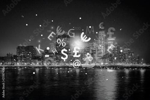 Technological currency exchange icons over night city skyline