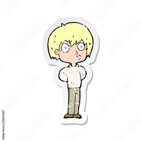 retro distressed sticker of a cartoon impressed boy