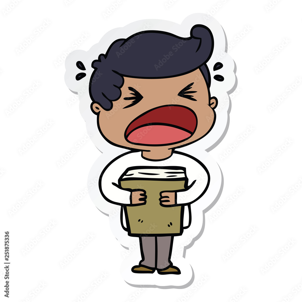 sticker of a cartoon shouting man with book