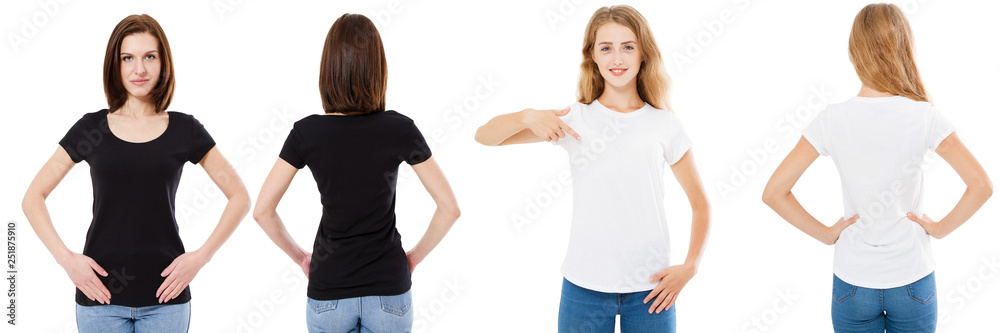 T-shirt set. Front and back view Brunette and Blonde in white and black t shirt isolated. Two girl in blank shirt, Mock up, Collage, Copy space, Template T-shirt set. Front and back view Brunette and Blonde in white and black t shirt isolated. Two girl in blank shirt, Mock up, Collage, Copy space, Template