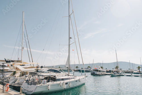 yachts in montenegro bay. mountains on background