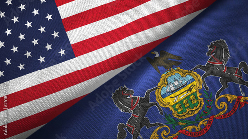United States and Pennsylvania state two flags textile cloth, fabric texture