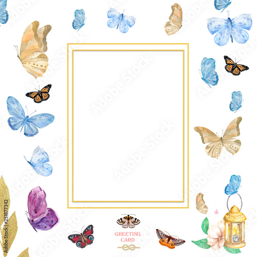 Congratulation, greeting, birthday, wedding design card Be happy with gold frame. Cute watercolor butterflies on white background photo