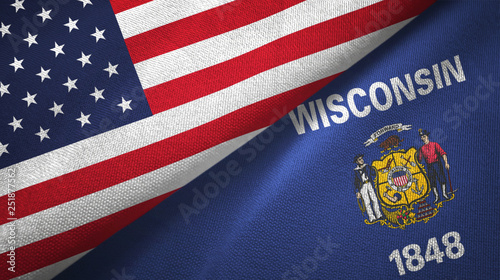 United States and Wisconsin state two flags textile cloth, fabric texture photo