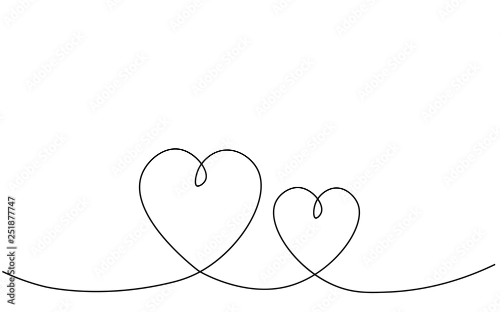 Hearts background one line drawing, vector illustration.