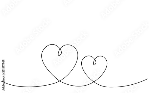 Hearts background one line drawing, vector illustration.