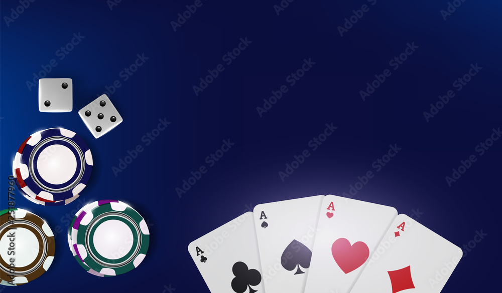 Top view of Casino poker chips, dice and cards on blue background. Online  Vegas casino banner with chips on blue game table and place for text.  Gambling 3d vector backdrop concept. Stock