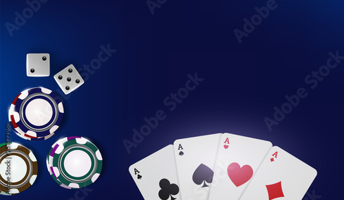 Top view of Casino poker chips, dice and cards on blue background. Online Vegas casino banner with chips on blue game table and place for text. Gambling 3d vector backdrop concept. photo