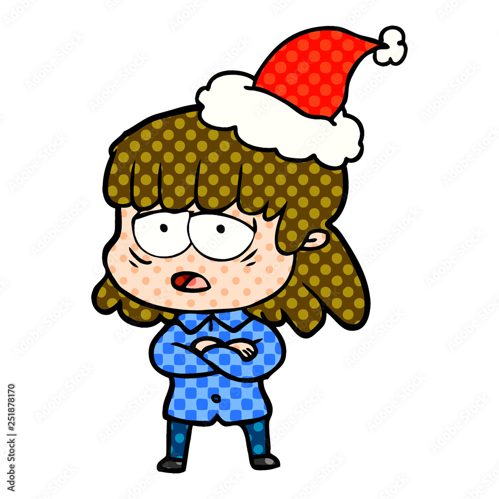 comic book style illustration of a tired woman wearing santa hat comic book style illustration of a tired woman wearing santa hat