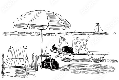 Sketch of a woman sunbathing on the beach