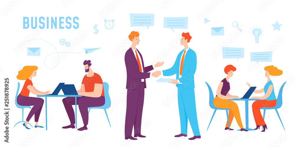 Vector illustration of people do business together, resolve problems and find the solutions.