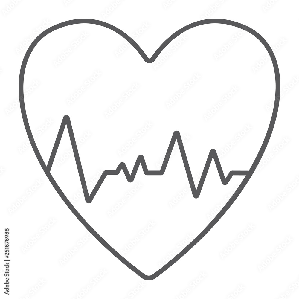 Heartbeat thin line icon, ecg and cardiology, heart cardiogram sign, vector graphics, a linear pattern on a white background. Heartbeat thin line icon, ecg and cardiology, heart cardiogram sign, vector graphics, a linear pattern on a white background.