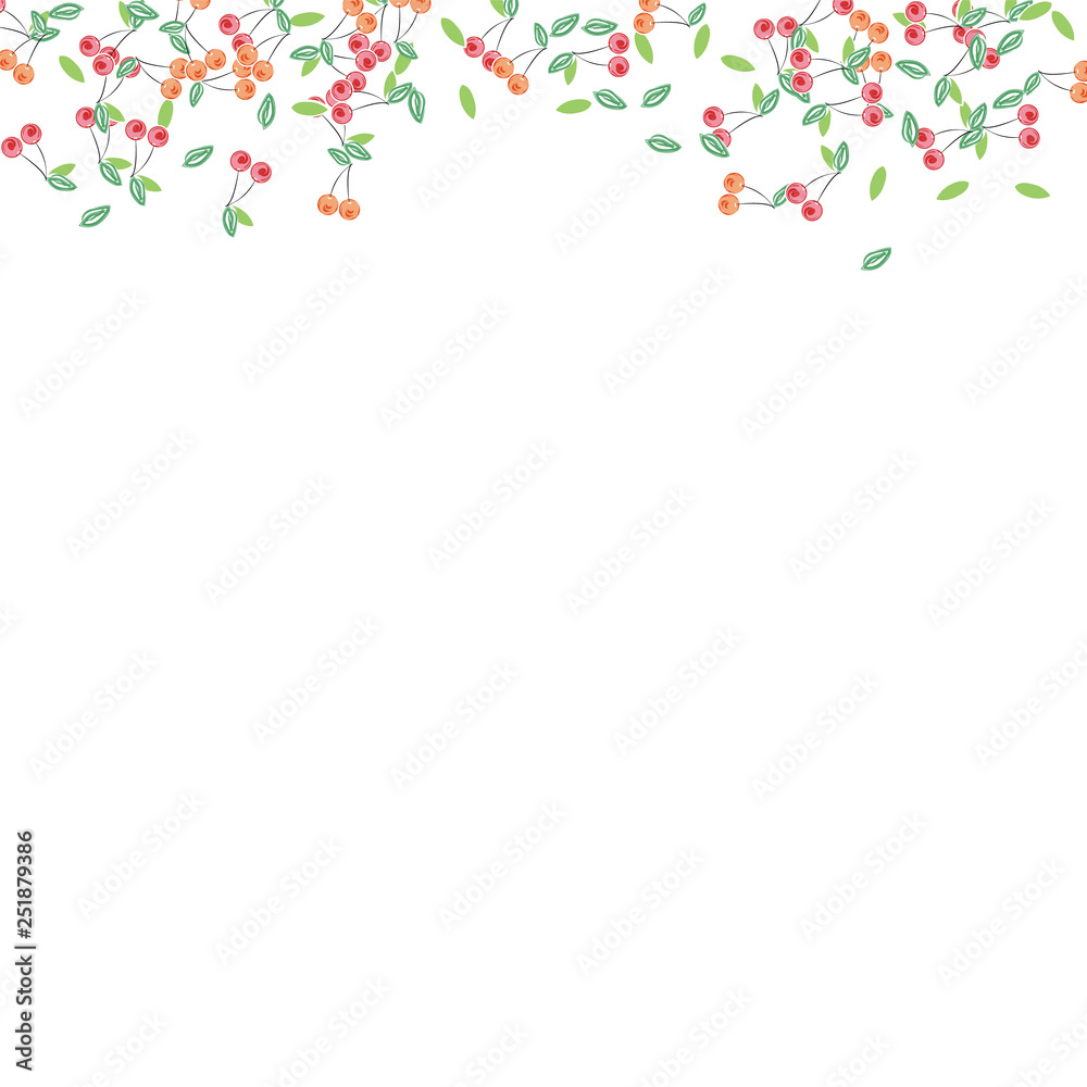 Bright background with cherries and leaves.Berries are scattered on a white background. Bright background with cherries and leaves.Berries are scattered on a white background.