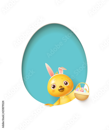 Easter chicken in egg shaped blue hole with a basket filled with decorated eggs - isolated on white