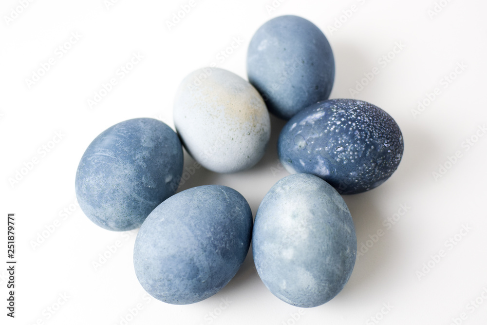 Six colored blue, gray, stone-like marble eggs Six colored blue, gray, stone-like marble eggs