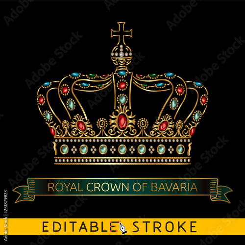 Royal Crown of Bavaria. Gold icon on black background. Golden ribbon or banner include. Easy changing vector with editable strokes and meshes.