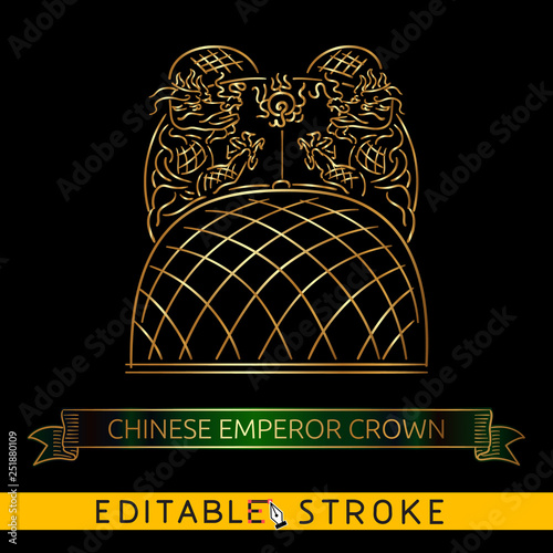 Chinese emperor crown. Gold icon on black background. Golden ribbon or banner include. Easy changing vector with editable strokes.