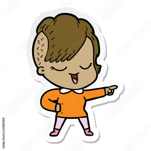 sticker of a happy cartoon girl pointing