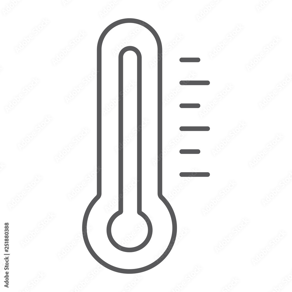 Thermometer thin line icon, medicine and temperature, measurement tool sign, vector graphics, a linear pattern on a white background. Thermometer thin line icon, medicine and temperature, measurement tool sign, vector graphics, a linear pattern on a white background.