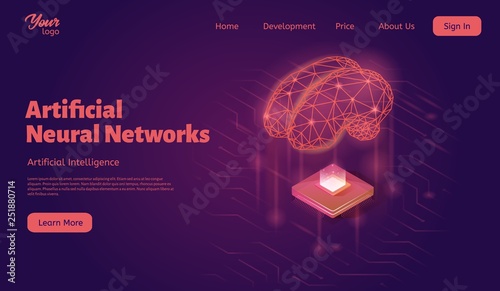 Artificial neural networks landing web page template. Isometric vector illustration.
