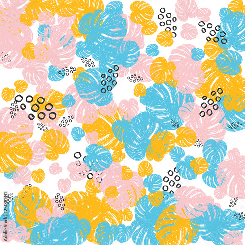 Tropical background with monstera leaves in pastel colors. Blue, pink and yellow leaves.