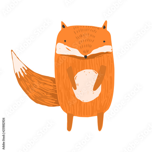 Cute childish hand drawn orange fox illustration isolated on white background. Kids sketchy foxy character for print design, stickers, background decoration