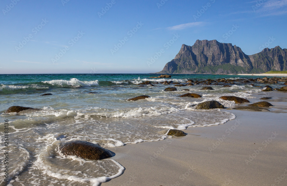 Uttakleiv beach and the mountains in Lofoten islands in Norway