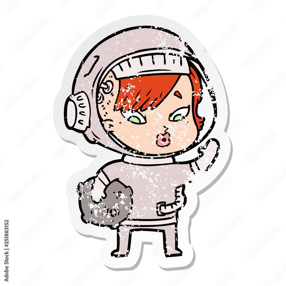 distressed sticker of a cartoon astronaut woman distressed sticker of a cartoon astronaut woman