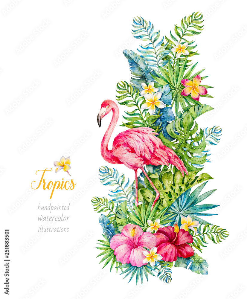 Naklejka premium Flamingo in tropical leaves. Watercolor illustrations. Paradis