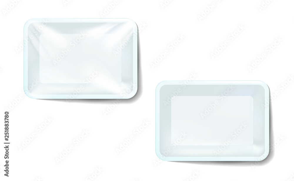 Mockup white realistic plastic food container wrapped by polyethylene and without the wrapper. Vector Rectangle Blank Styrofoam tray, Template for your design. For example, packaged air. Illustration