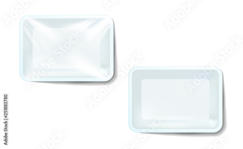 Mockup white realistic plastic food container wrapped by polyethylene and without the wrapper. Vector Rectangle Blank Styrofoam tray, Template for your design. For example, packaged air. Illustration © Nanotrillion
