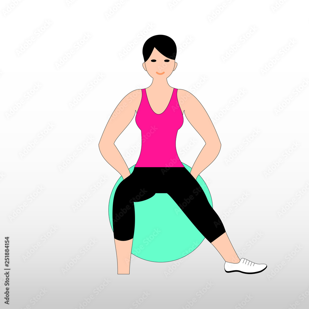 Beautiful young woman doing exercises with ball at home. Girl exercising fitness training. Vector flat illustration.