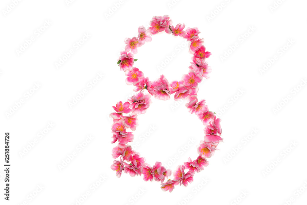 Figure of flowers in form of numbers eight on white background. Concept Women's Day
