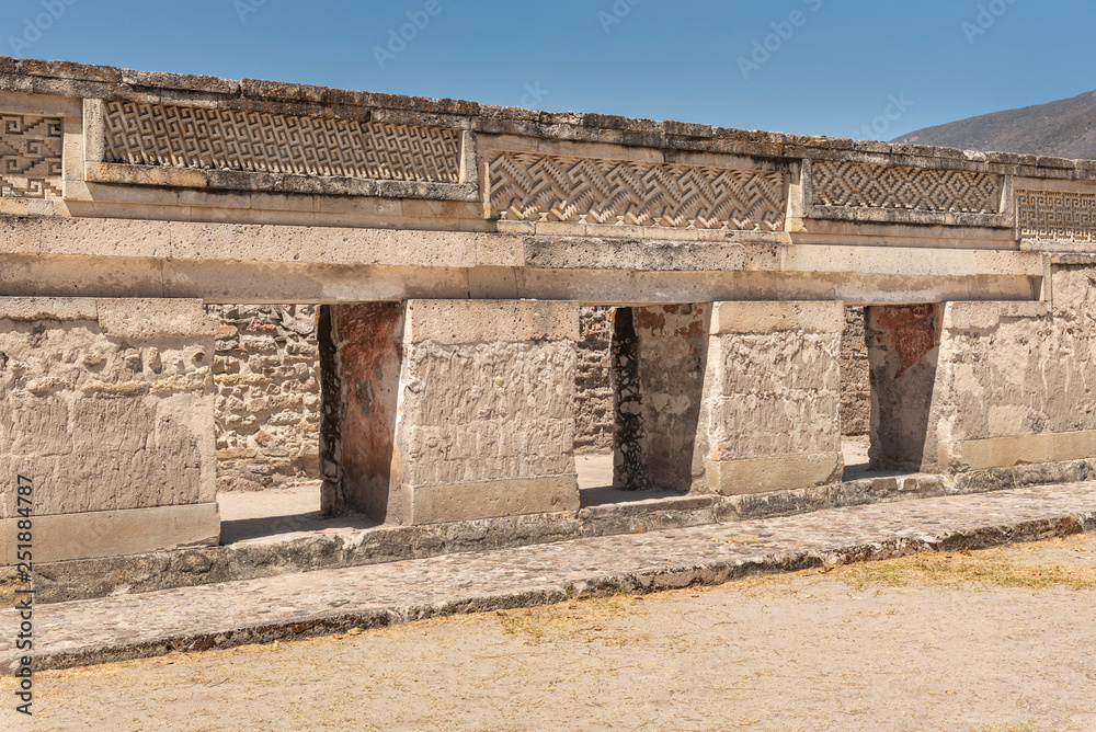 Palace entrance to the archeological site of Mitla. Elaborate fretwork found in old ruins in Oaxaca, Mexico