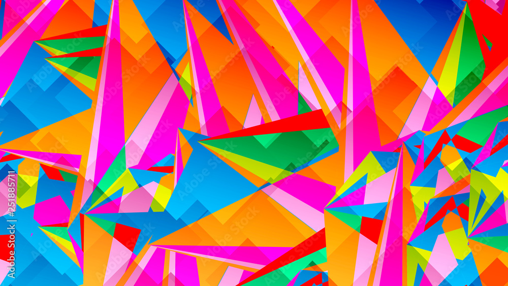 Fototapeta Abstract card with colorful chaotic triangles, polygons. Infinity triangular messy geometric poster. Vector illustration.