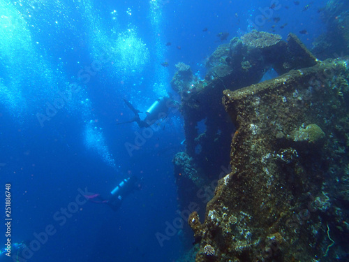 shipwreck USS Liberty with many diver bubbles - Bali Indonesia Asia