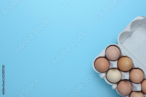 Fresh chicken eggs background. Top view with copy space. Overhead view of brown chicken eggs in an open egg carton isolated on blue. Natural healthy food and organic farming concept. Eggs in box