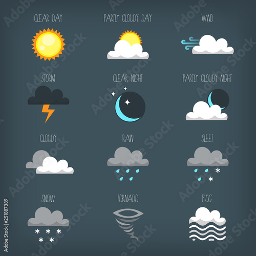 Set of vector weather forecast icons and signs. Images with different weather types during different seasons. Day and night sky icons. Vector illustrations