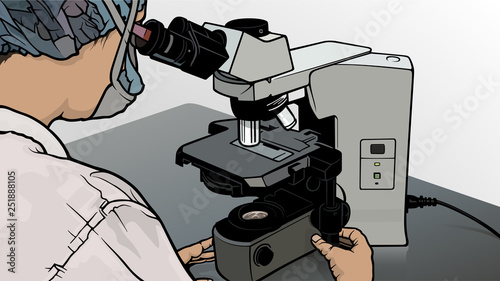 Young Scientist Looking Through a Microscope in a Laboratory - Colored Illustration, Vector