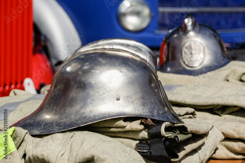 Old metal helmets for firefighters