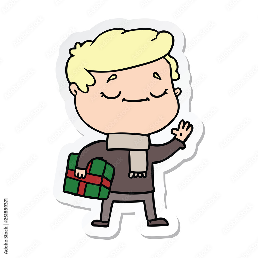 sticker of a cartoon man carrying christmas present waving