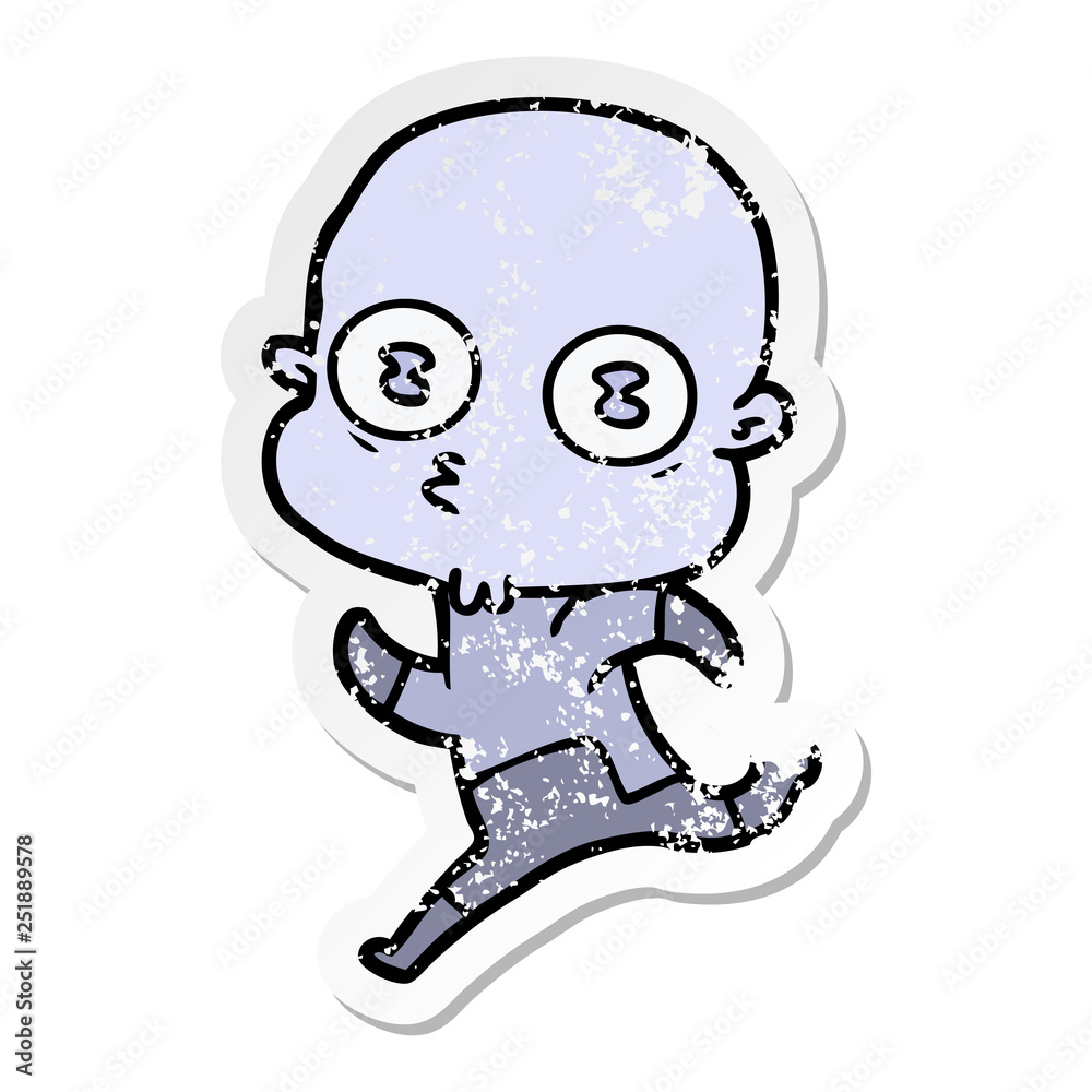 distressed sticker of a cartoon weird bald spaceman distressed sticker of a cartoon weird bald spaceman