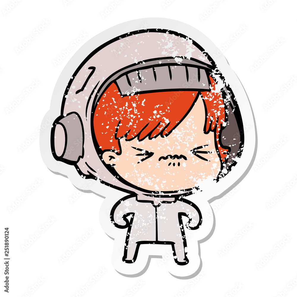 distressed sticker of a cartoon astronaut woman distressed sticker of a cartoon astronaut woman