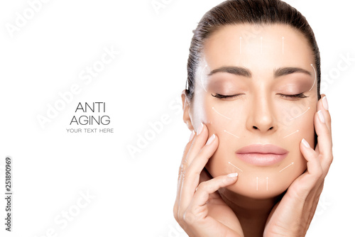 Surgery and Anti Aging Concept. Beauty face spa woman with white arrows over face