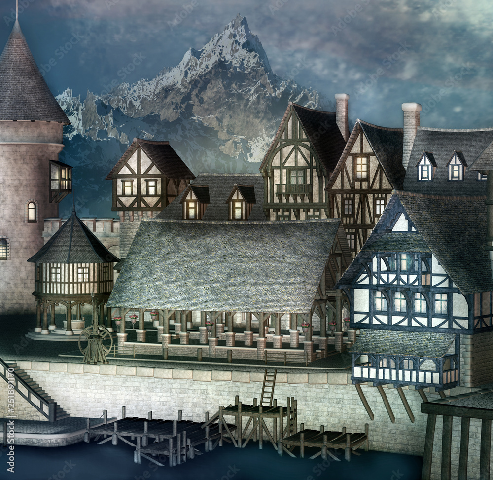 Medieval fantasy town by the river in a mountain scenery - 3D illustration  Stock Illustration | Adobe Stock