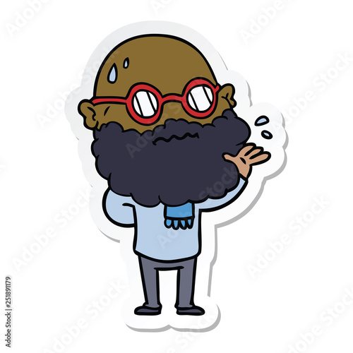 sticker of a cartoon worried man with beard and spectacles