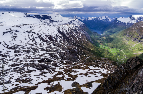 View of the Geirangerfjord from Dalsnibba. The fjord is one of Norway's most visited tourist sites. photo