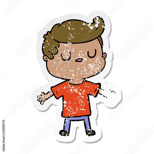 distressed sticker of a cartoon aloof man