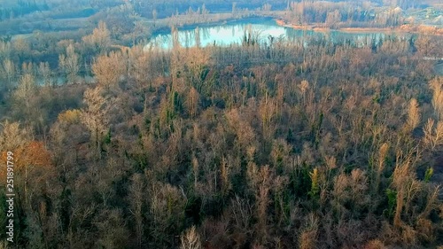 volo su alberi con lago e fiume